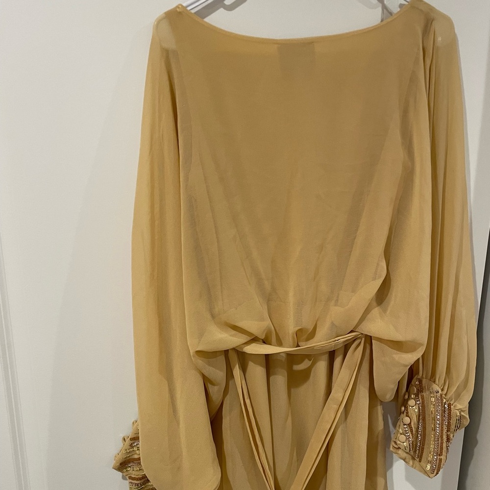 Beaded Cuff Sheer Tie-Waist Dress in Mustard